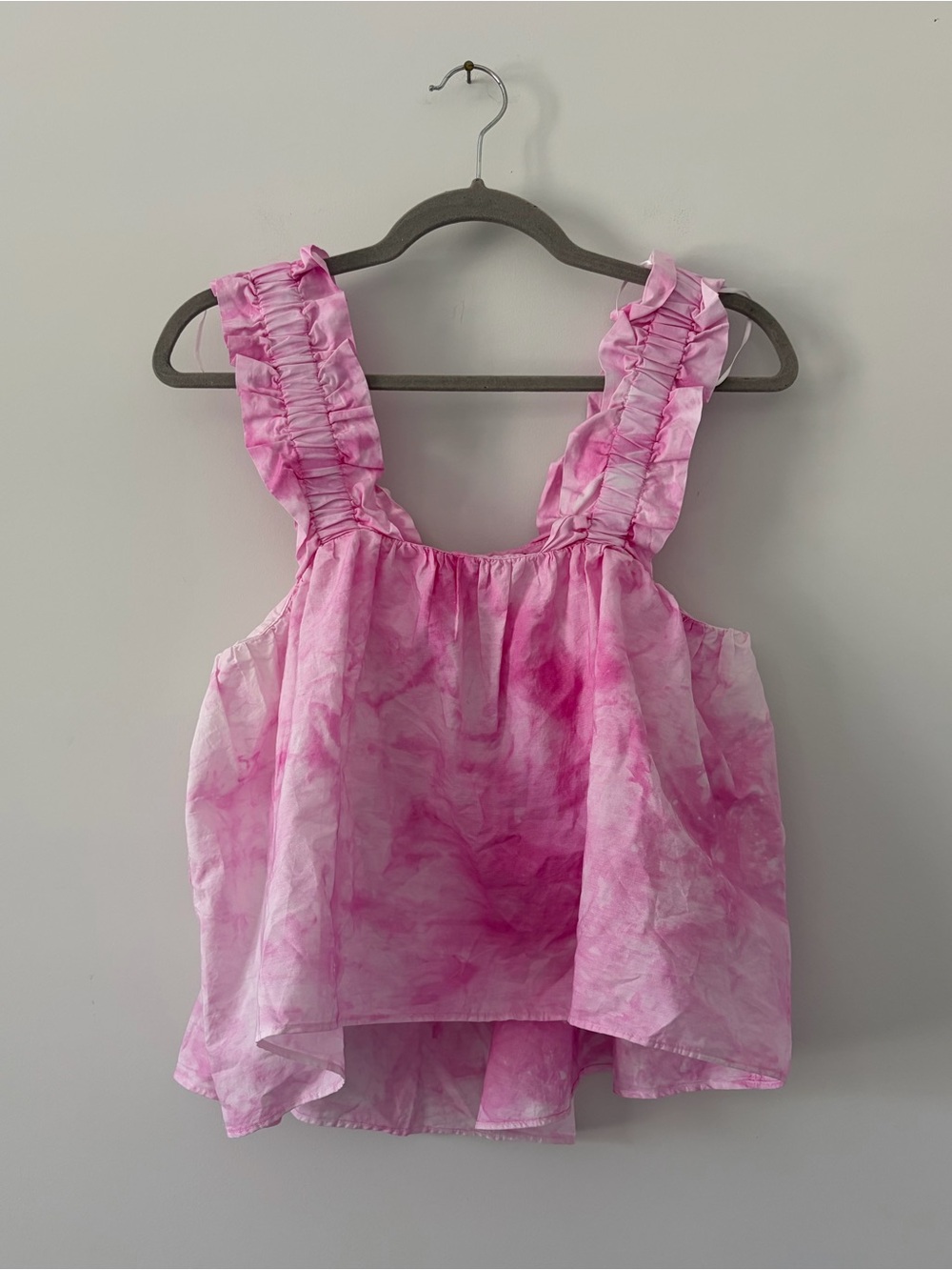 Zara Pink Tie Dye Square Neckline Ruffle Strap Sleeveless Poplin Tank Top NWT M